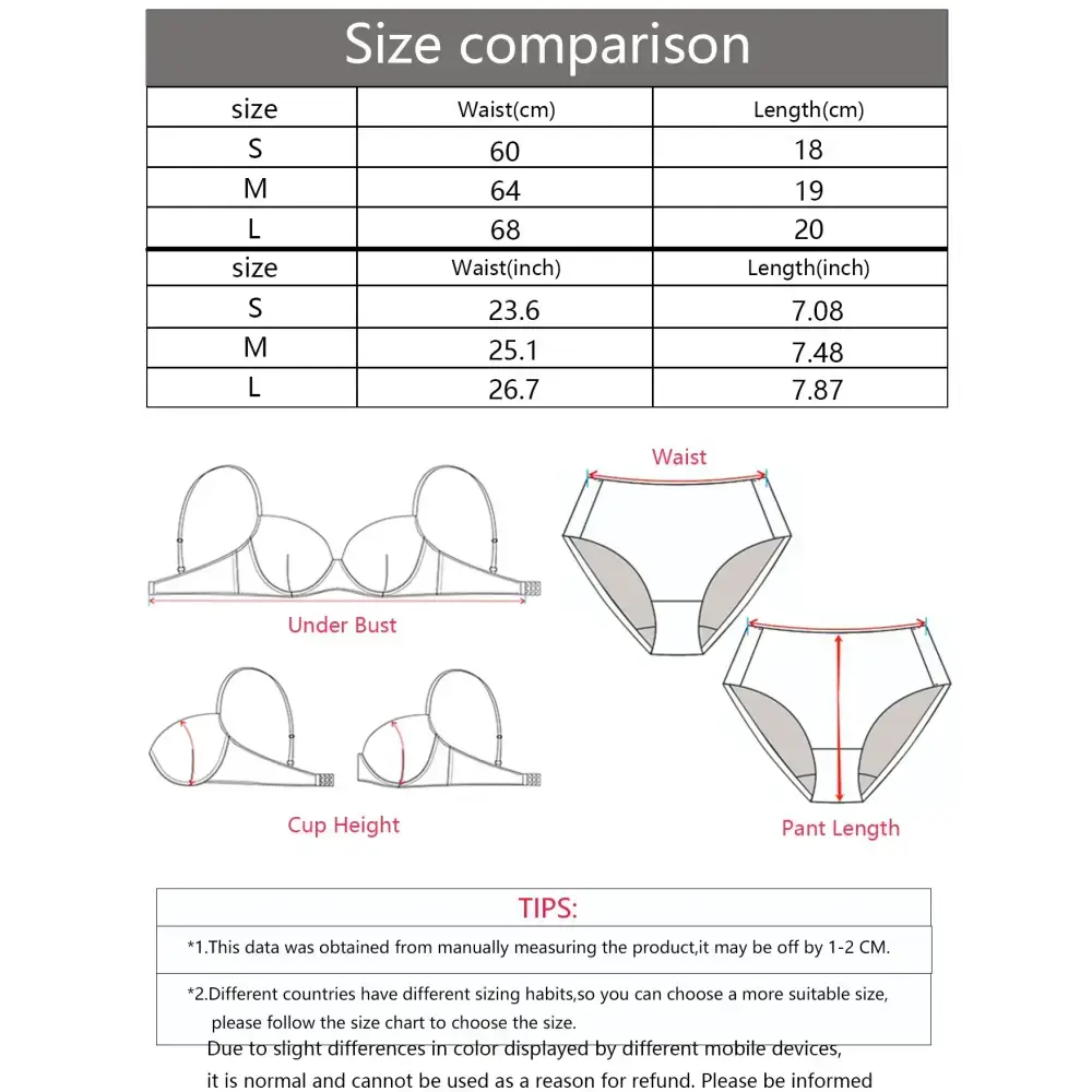 Size chart and measurement guide for lace low waisted thongs including waist and length in cm and inches