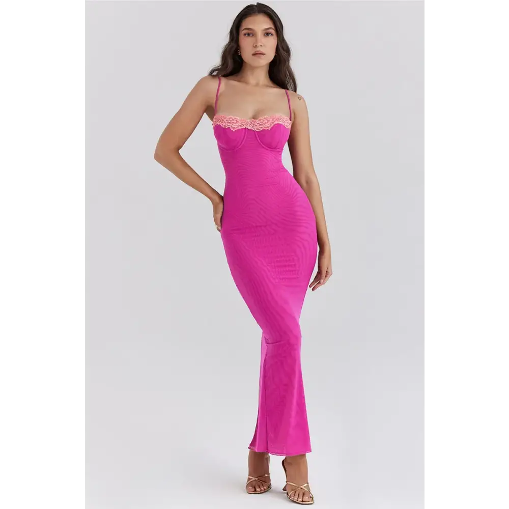 Mozision Lace Spaghetti Strap Bodycon Maxi Dress Women Gown Patchwork Fashion Sleeveless Backless Sexy Club Party Dress