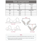 Size chart for lace thong underwear for women showing waist and length measurements in cm and inches