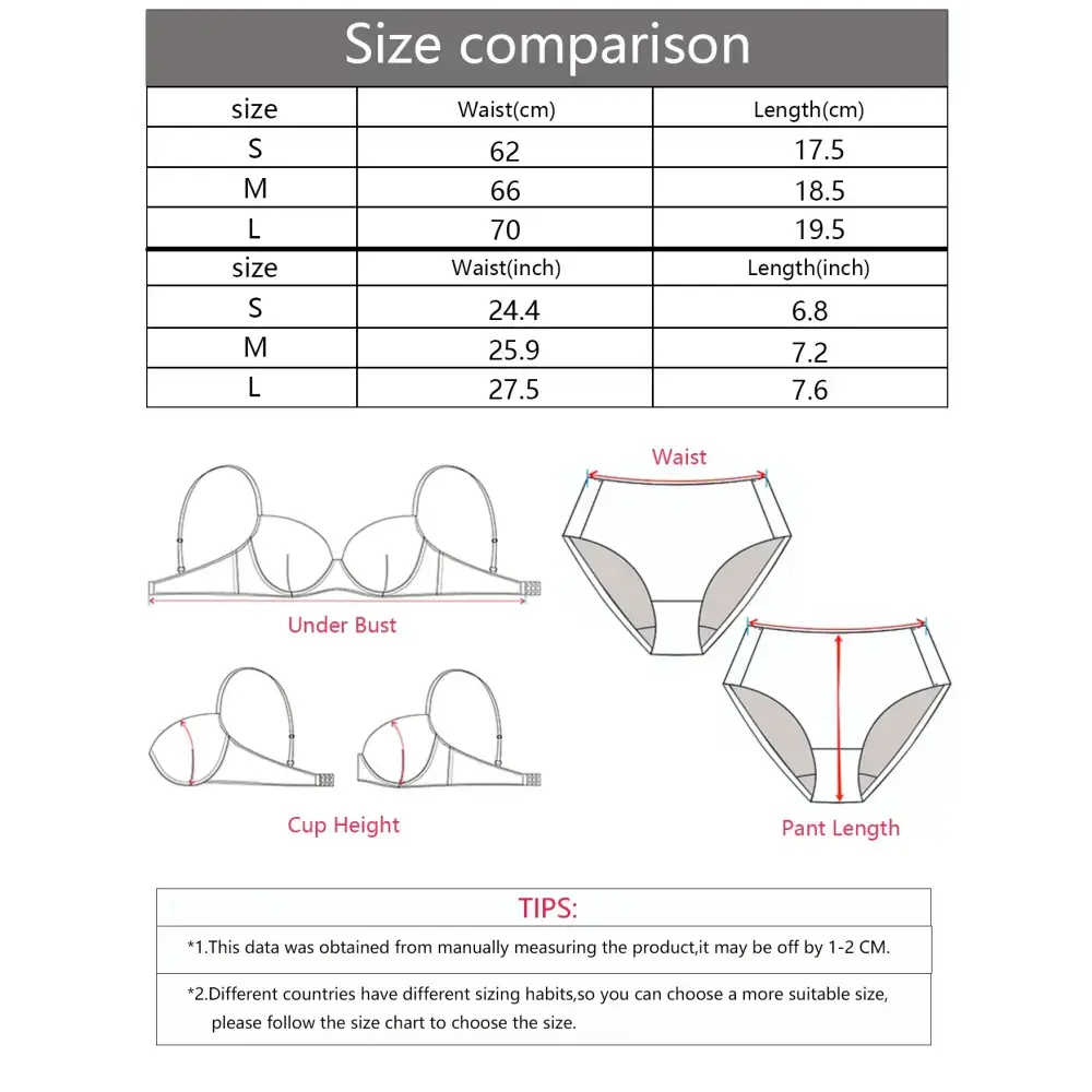 Size chart for lace thong underwear for women showing waist and length measurements in cm and inches