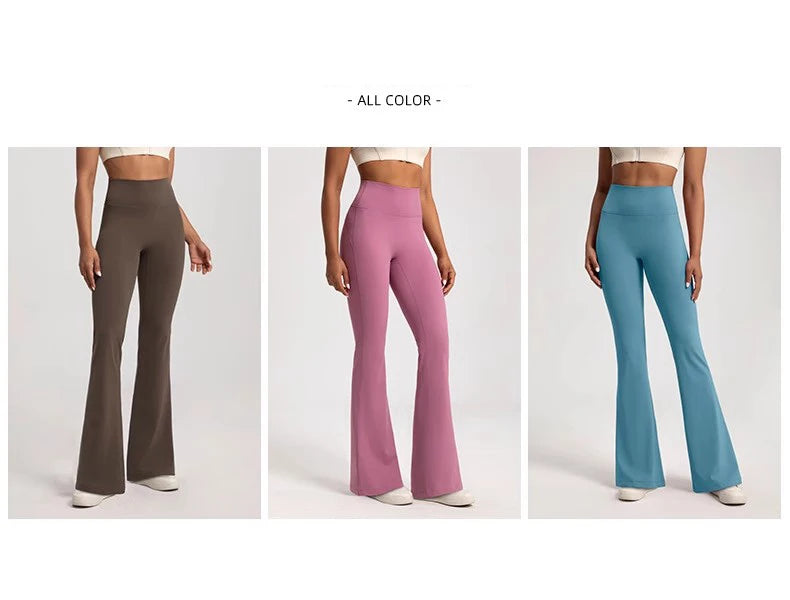 Ladies bell-bottom yoga pants in brown, pink, and blue for stylish fitness and comfortable wear