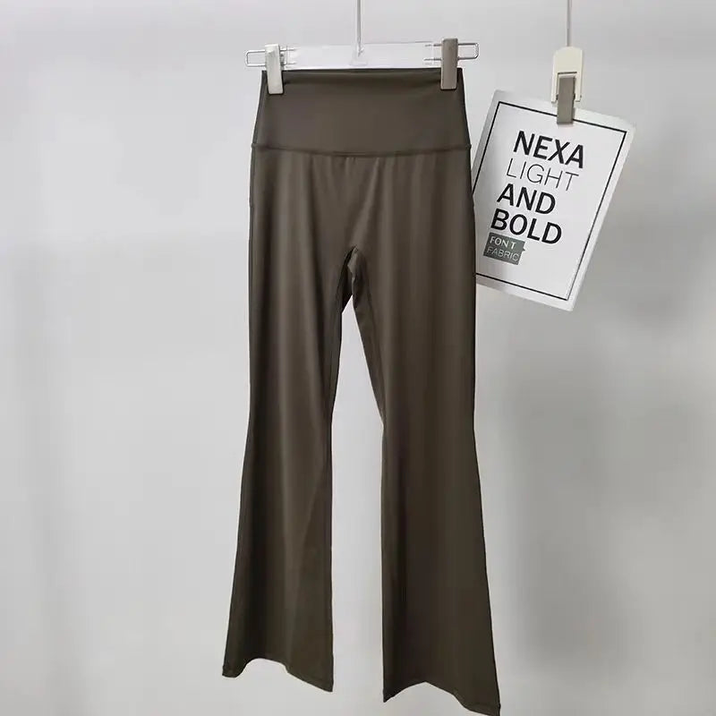 Ladies bell-bottom yoga pants in dark olive green with a stretchy high waistband for comfort and style