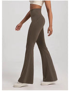 Ladies bell-bottom yoga pants in olive green, designed for comfort and style during workouts