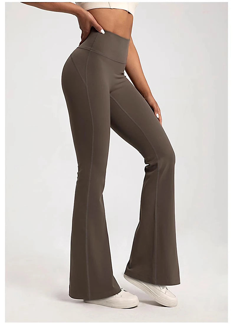 Stylish ladies bell-bottom yoga pants in olive green designed for comfort and flexibility during workouts