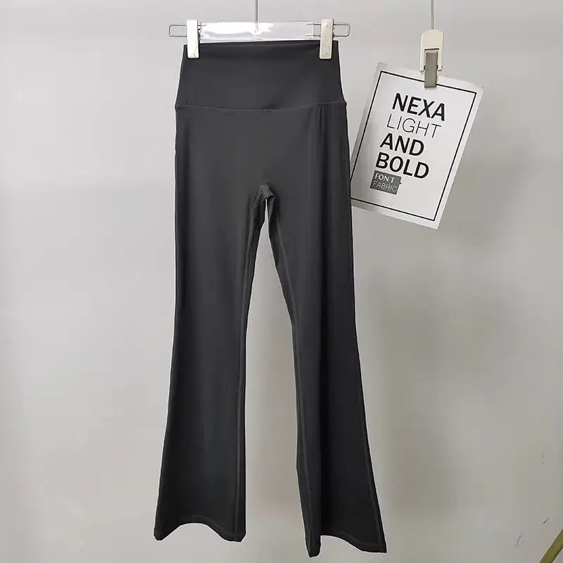 Ladies bell-bottom yoga pants in black with a high-waisted design for comfort and flexibility