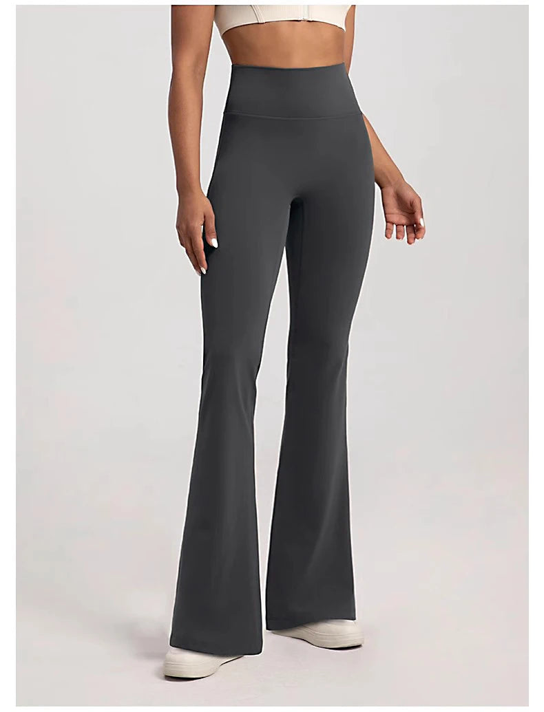 Ladies bell-bottom yoga pants in dark gray with a high waist for comfort and style