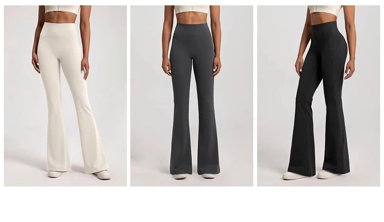 Three pairs of ladies bell-bottom yoga pants in white, black, and gray for stylish and comfortable workouts