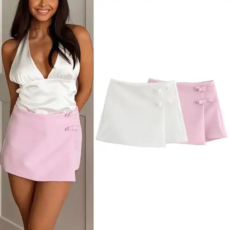 Casual mid waist short skirt in pink and white with buckle details by The Lady's Haven Boutique
