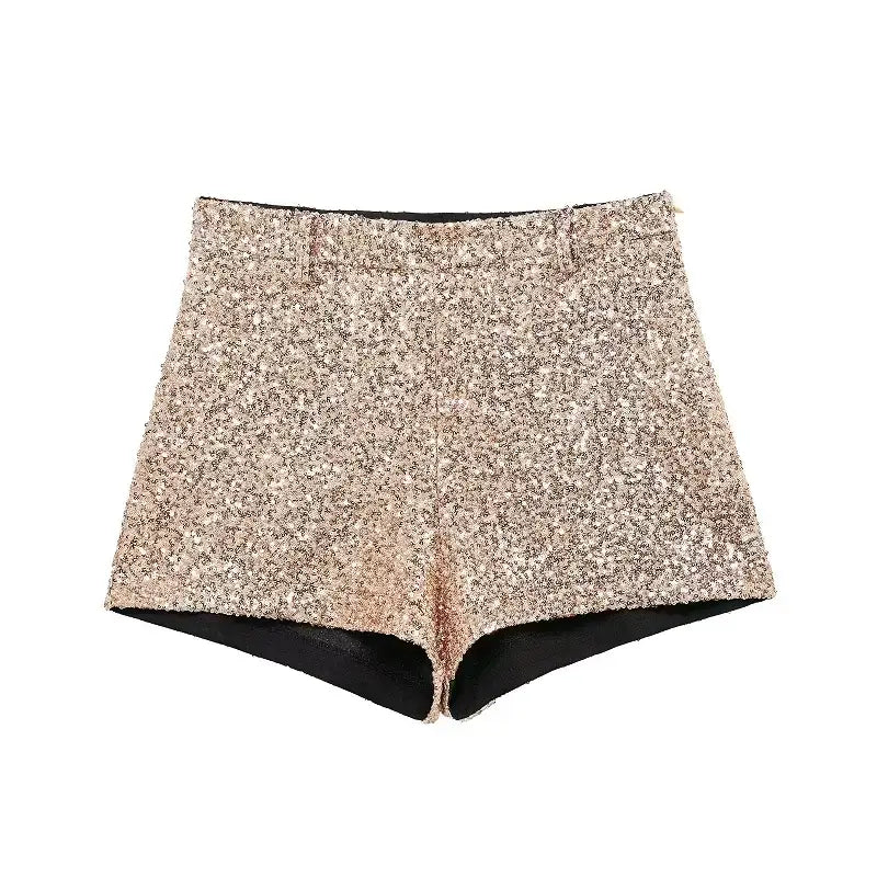 Elegant mid waist sequin shorts in sparkling gold with a sleek black inner lining