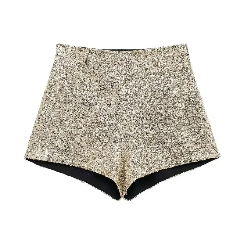 Elegant mid waist sequin shorts in silver with a high-rise fit and glittery finish