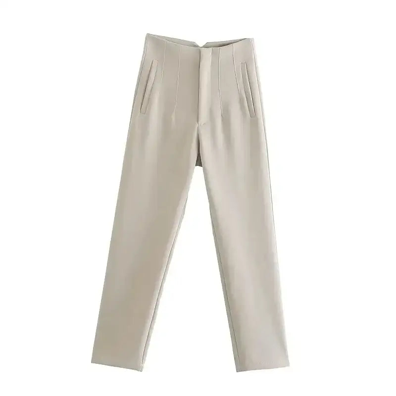 Beige elegant slim fit pencil trousers with front pockets and clean waistband design