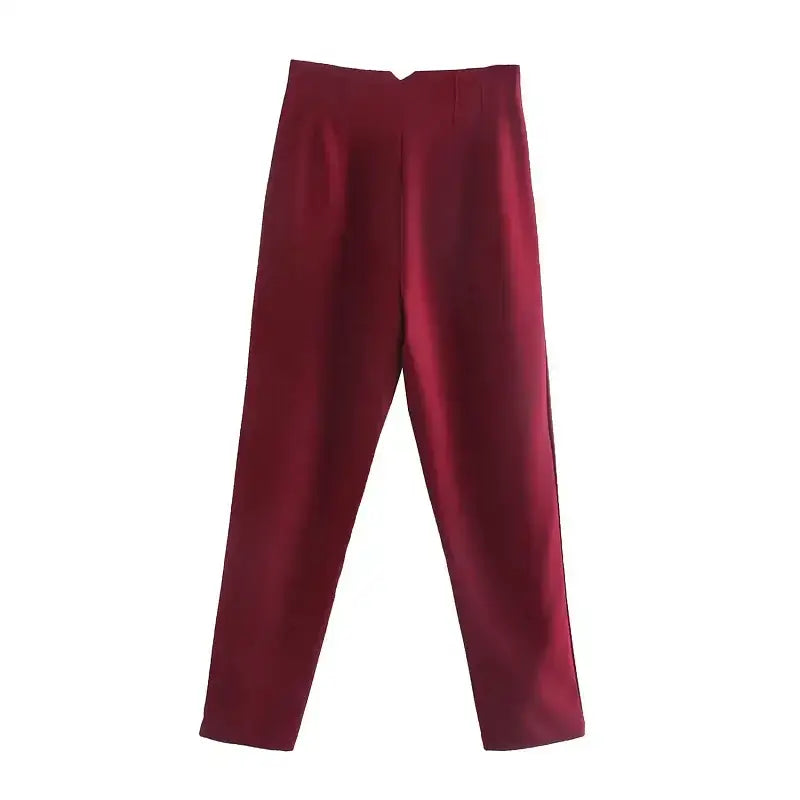 Elegant slim fit pencil trousers in deep red color from The Lady's Haven Boutique