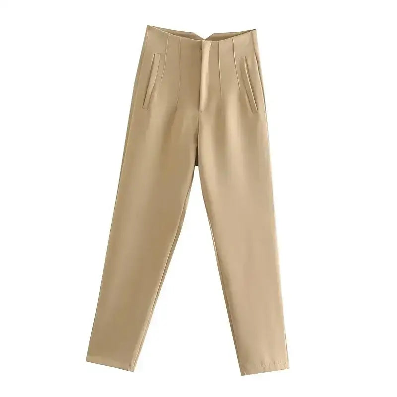 Beige elegant slim fit pencil trousers with front pockets and clean lines from The Lady's Haven Boutique