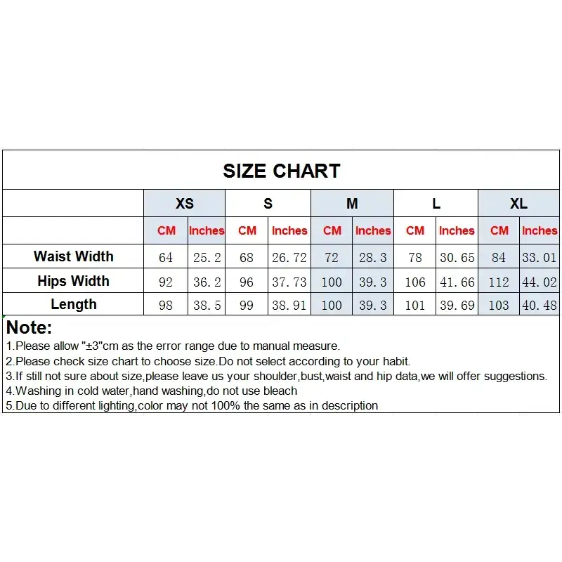 Size chart for elegant slim fit pencil trousers showing waist, hips, and length measurements in centimeters and inches