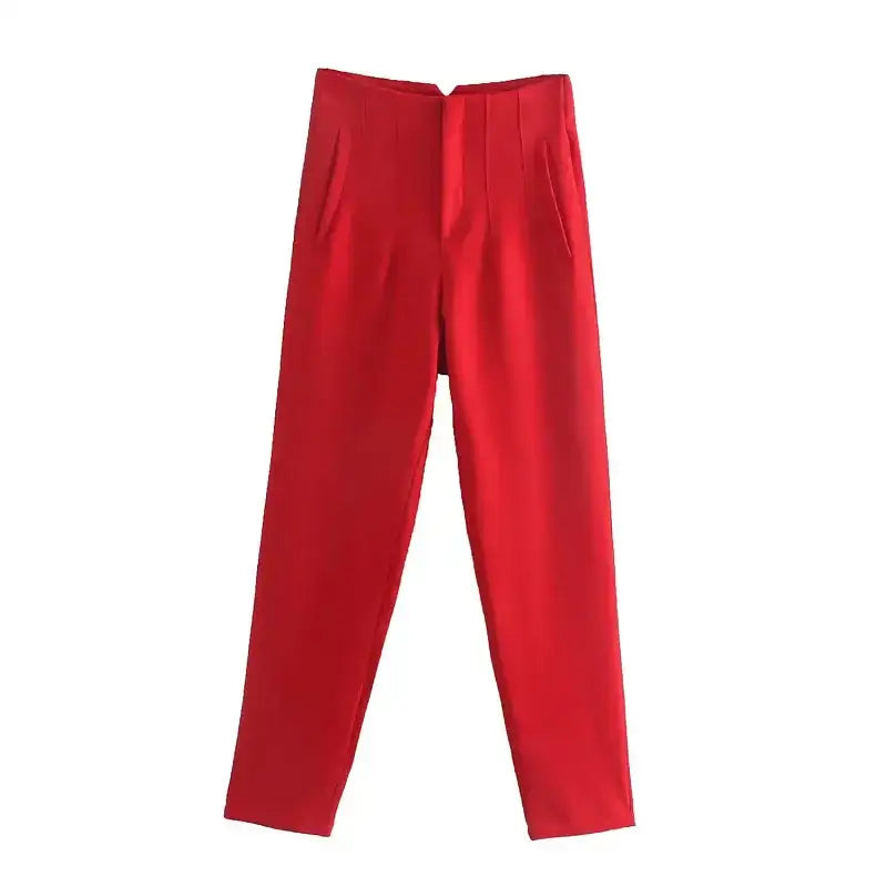 Red elegant slim fit pencil trousers with a high waist and side pockets