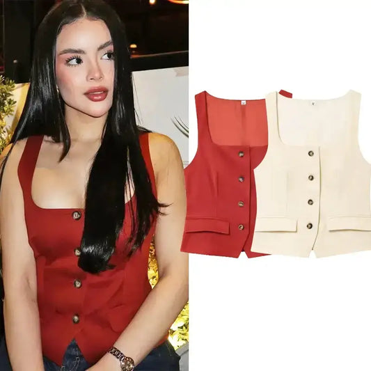 Elegant spring summer waistcoat in red worn by model with additional red and cream waistcoat options