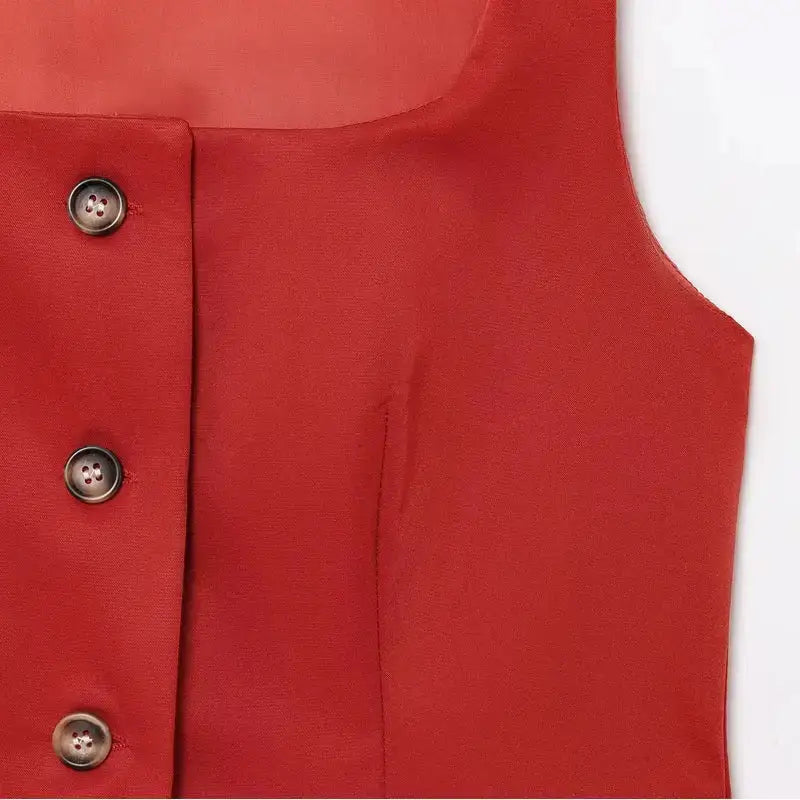 Close-up of red elegant spring summer waistcoat with buttons and sleeveless design