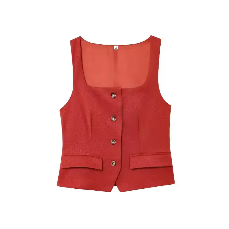 Elegant spring summer waistcoat in rust red with button front and pocket detailing from The Lady's Haven Boutique