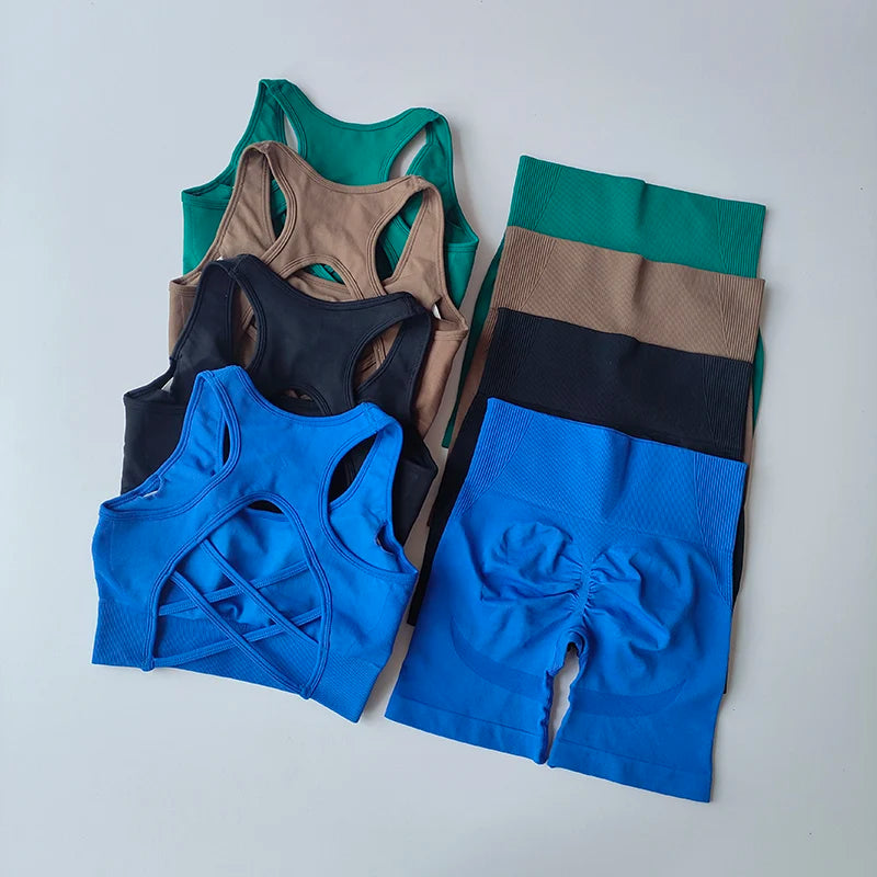 Colorful ladies fitness clothing set including sports bras and leggings in various styles and sizes