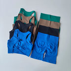 Ladies fitness clothing set featuring various colors of sports bras and leggings for active lifestyles