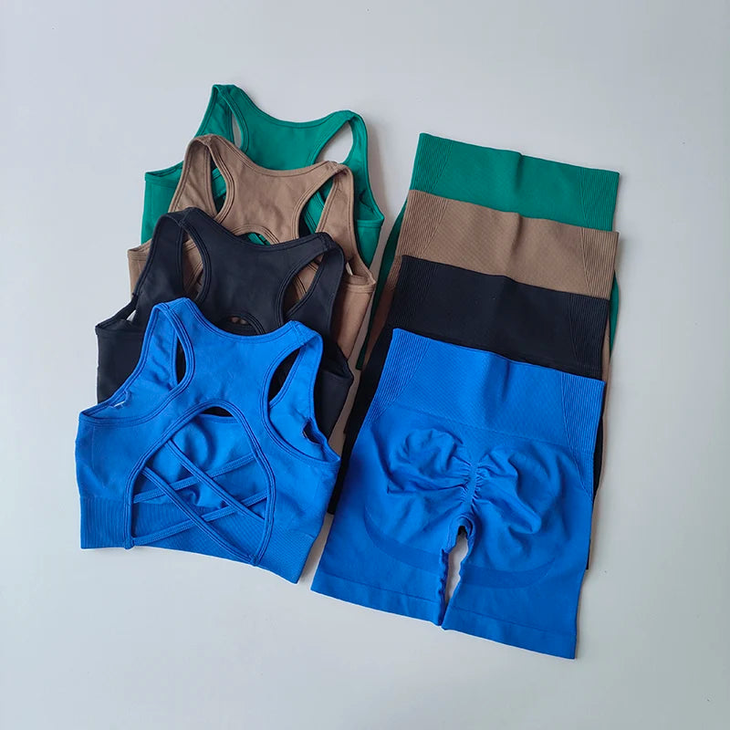 Ladies fitness clothing set featuring various colors of sports bras and leggings for active lifestyles