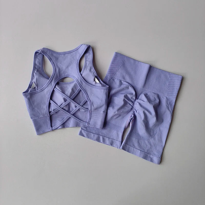 Ladies fitness clothing set featuring a lavender sports bra and matching high-waisted leggings