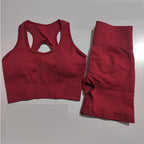 Maroon ladies fitness clothing set featuring a stylish sports bra and high-waisted leggings