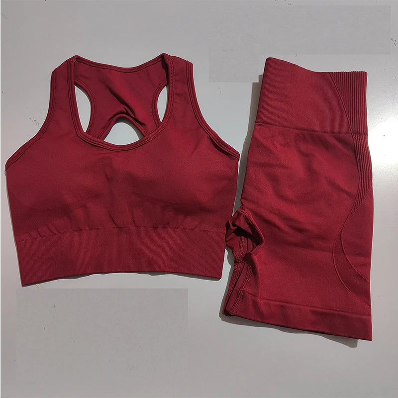 Maroon ladies fitness clothing set featuring a stylish sports bra and high-waisted leggings