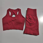 Stylish ladies fitness clothing set in burgundy, including a supportive sports bra and high-waisted leggings