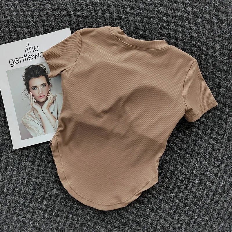 Ladies fitness crop tops in beige color with a stylish, fitted design for active women
