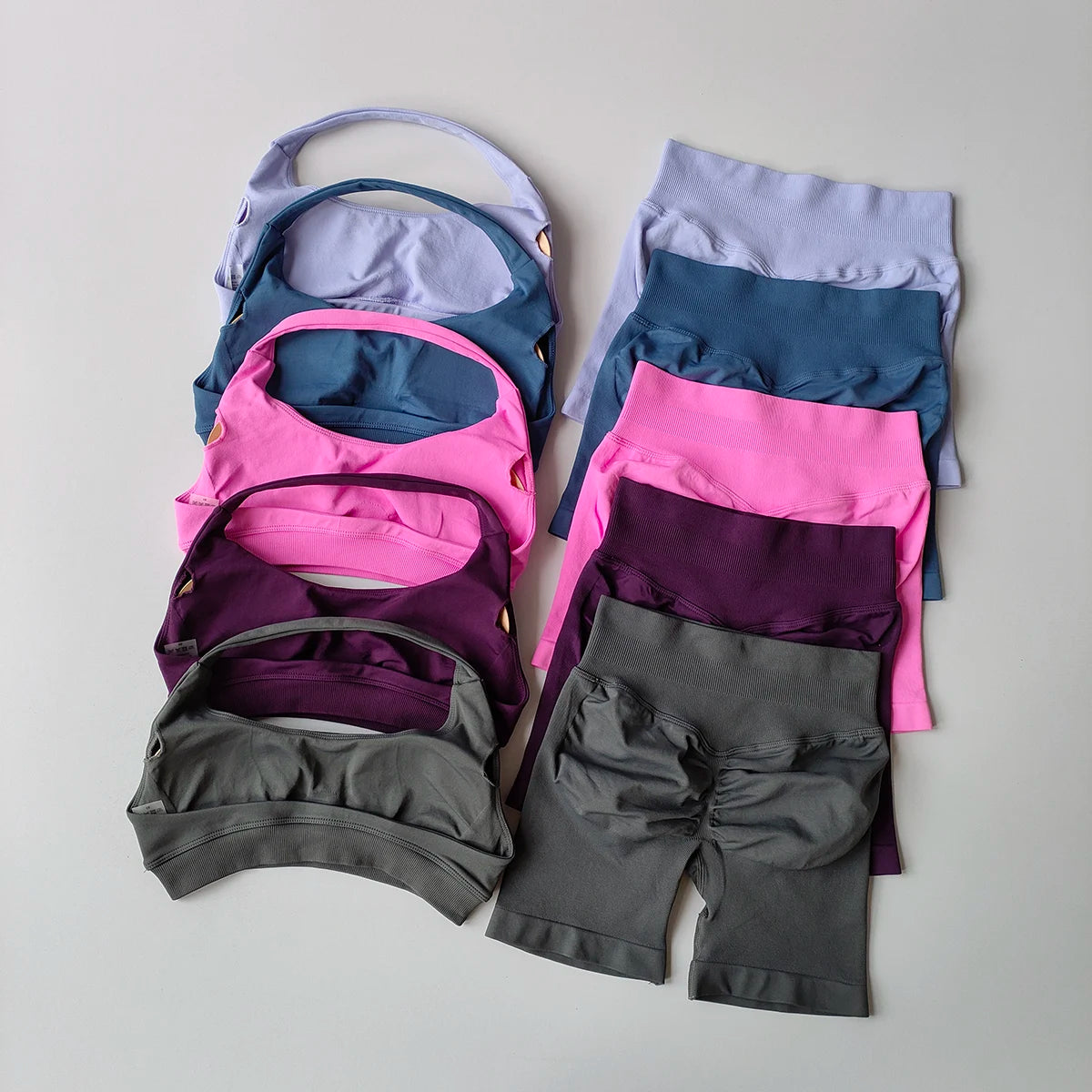 Colorful ladies fitness outfit matching set including sports bras and shorts various colors
