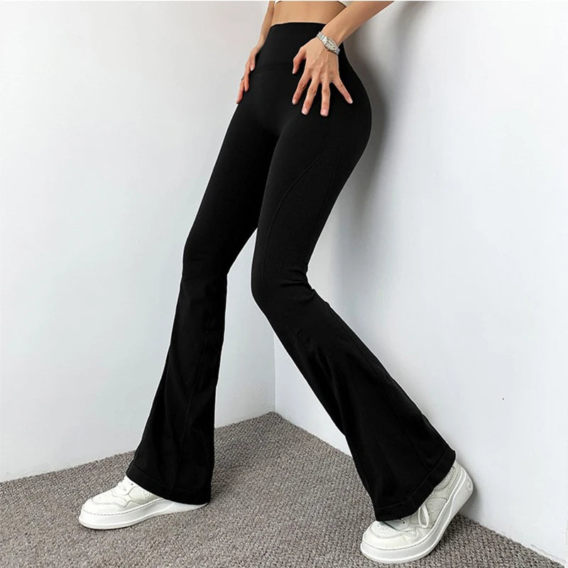 Stylish black ladies fitness sweat pants with a flared design for comfortable workouts