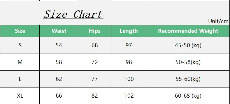 Tabla de tallas para pantalones deportivos de fitness para mujer que muestra las medidas para S, M, L y XL