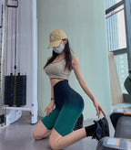Stylish ladies high waist running shorts in gradient green perfect for workouts and casual wear