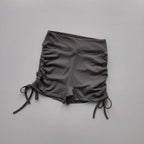 Ladies high waist workout shorts in gray with adjustable drawstrings for a comfortable fit