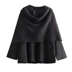 Black asymmetrical long sleeve cardigan for ladies with button detail and layered design