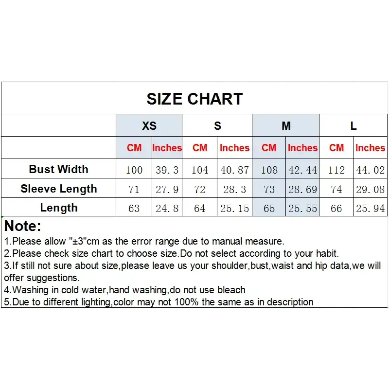 Size chart for long sleeve fashionable blouses showing measurements in centimeters and inches for XS to L sizes