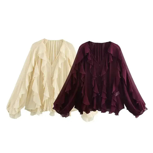 Long sleeve fashionable blouses in cream and dark purple with ruffle details and button front