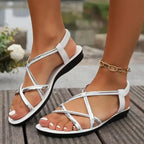 The Lady's Haven Boutique flat heel ladies plus size beach sandals with white and silver straps