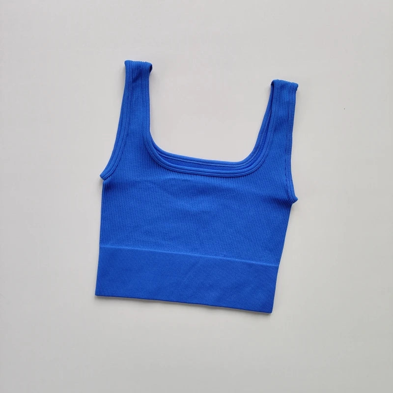 Ladies seamless yoga vest in vibrant blue for comfortable workouts and flexibility