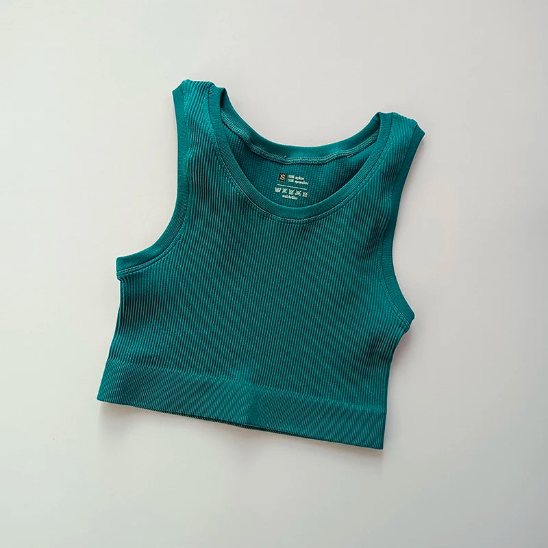 Teal Ladies seamless yoga vest with soft ribbed fabric for comfortable workouts