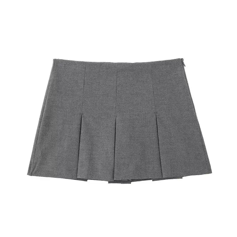 Gray pleated spring summer casual skorts with side zipper closure for versatile wear