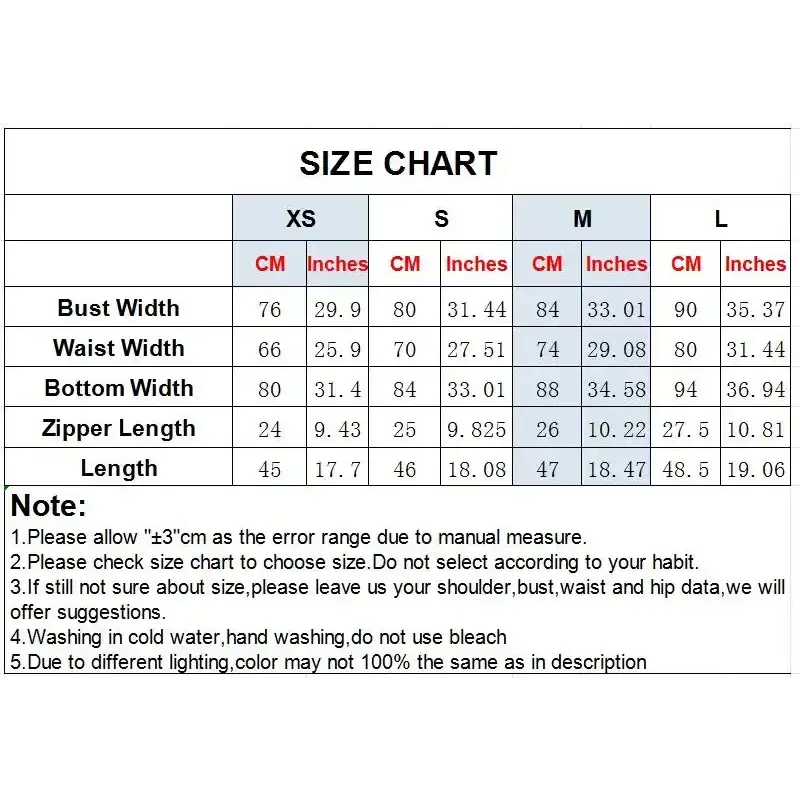 Size chart for strapless corset top showing bust, waist, bottom width, zipper length, and total length in cm and inches