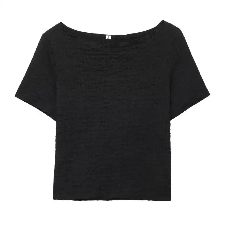 Black textured short sleeve top from The Lady's Haven Boutique part of the two piece wide leg pant set