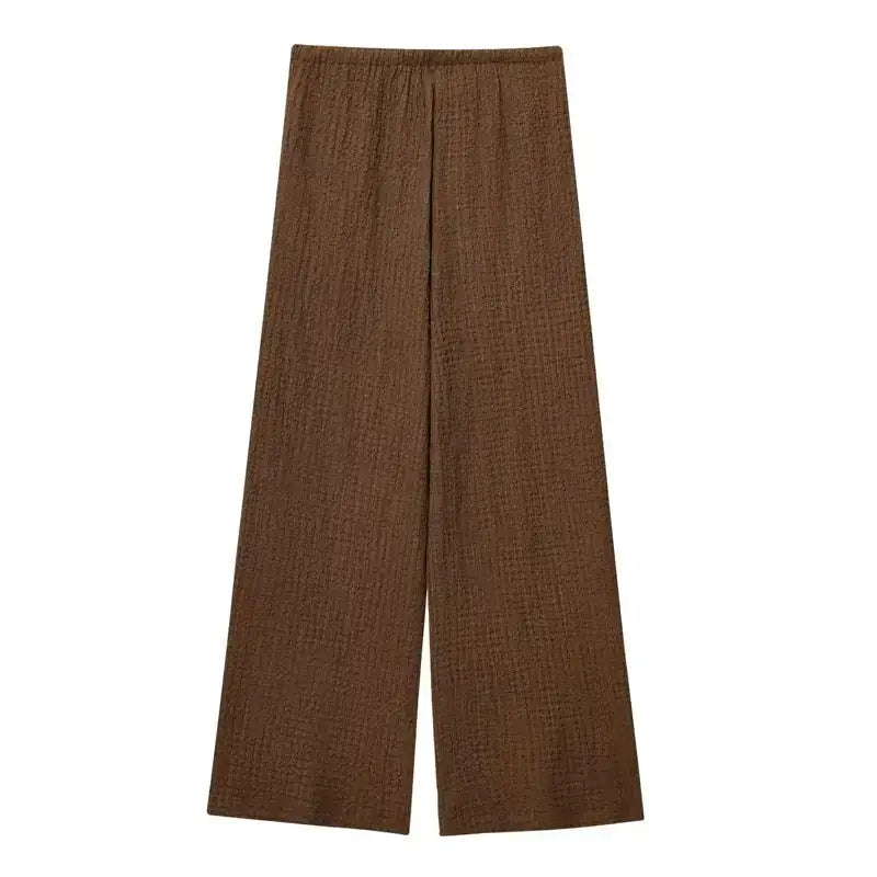 Brown two piece wide leg pant set with textured fabric and relaxed fit from The Lady's Haven Boutique