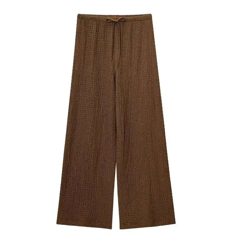 Brown textured wide leg pants with drawstring waist from two piece wide leg pant set