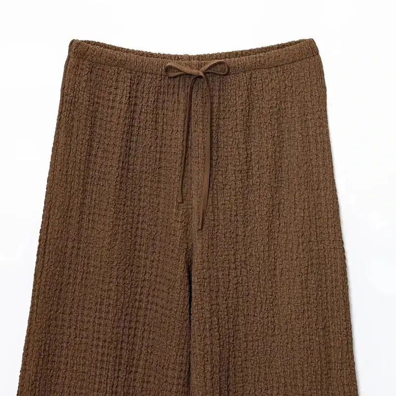 Brown textured two piece wide leg pant set with drawstring waist from The Lady's Haven Boutique