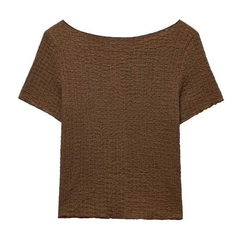 Brown textured short sleeve top from The Lady's Haven Boutique part of two piece wide leg pant set
