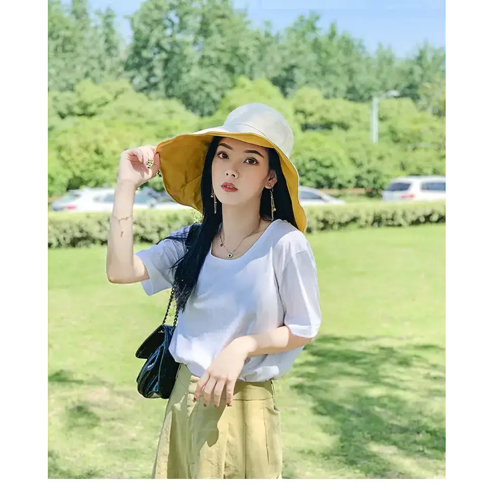 Stylish wide-brimmed yellow hat from The Lady's Haven Boutique featuring UPF 50 sun protection