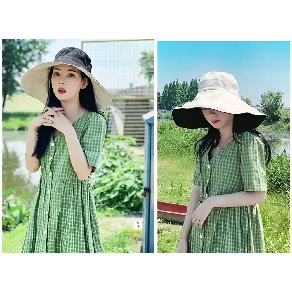 Wide-brimmed UPF 50 sun protection hat in beige, perfect for sunny days at the park